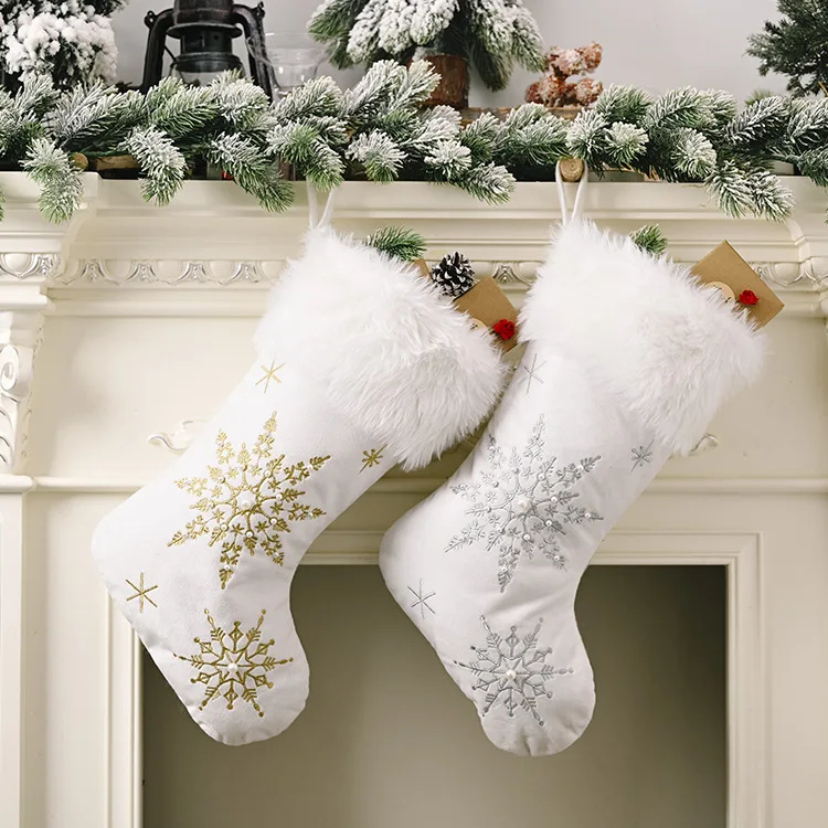 

White Velvet Christmas stockings fairy style Silver Gold embroidery pearl snowflake luxury gift back home xmas tree decoration