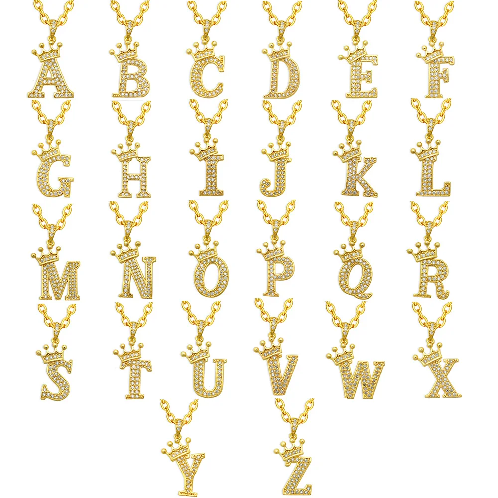 

1 Set 26pcs A-Z 14K Gold Plated Cubic Zirconia Initial Name Crown Letter Pendant Necklace For Women Wholesale