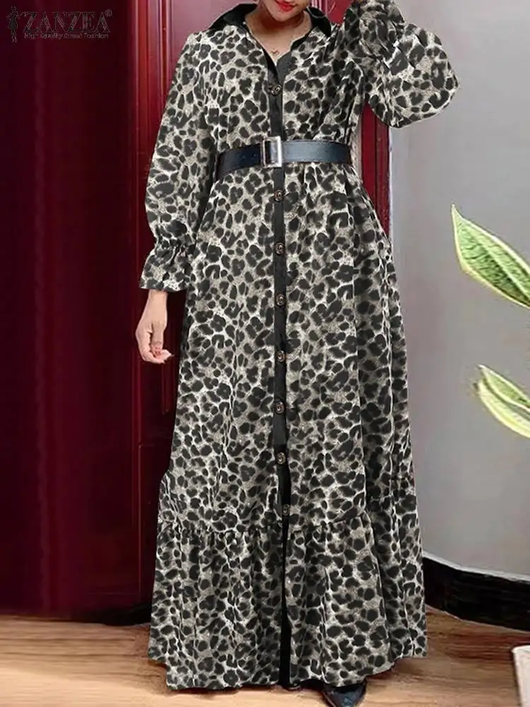 

Платье ZANZEA женское с леопардовым принтом, повседневный свободный праздничный сарафан в стиле оверсайз, с длинным рукавом, с оборками, в боге...