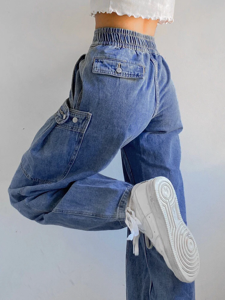Casual Jeans Elastic High Waist Button Fly Pocket Denim Pants Streetwear Harem Sweatpants Women Baggy Basic Cargo Pants