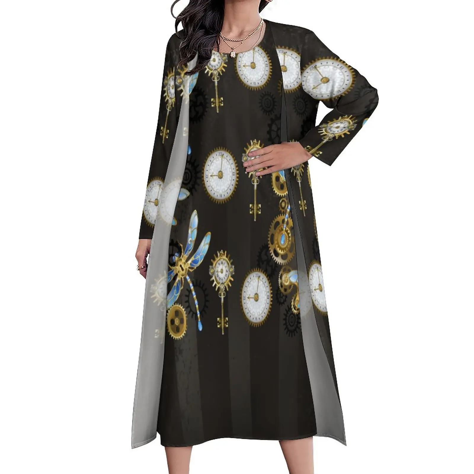 

Платье-макси в стиле стимпанк из двух частей, длинное коричневое платье в полоску, в богемном стиле, для ночного клуба, подарок на день рожде...