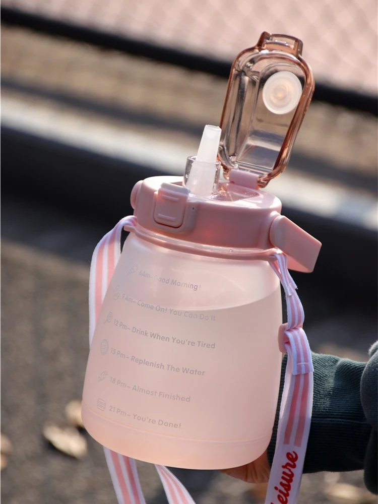 

Simple Solid Color Time Scale Large Capacity Water Bottle Straw Cup Frosted Plastic Cup Gym Sports Water Bottle Gift Gir