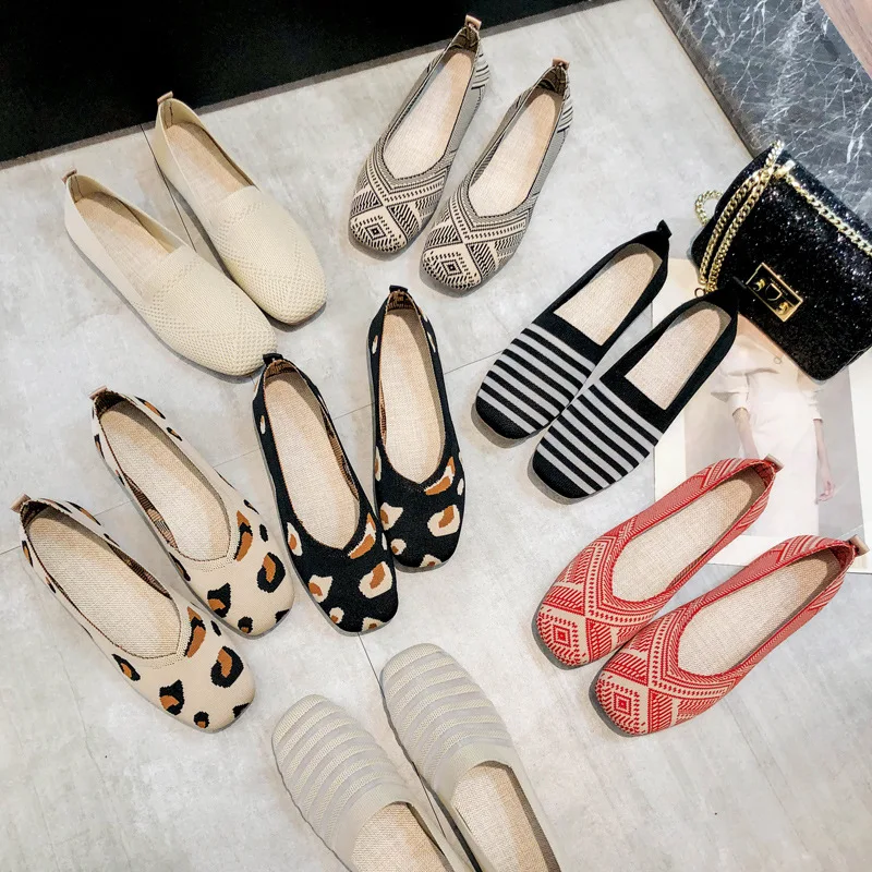 

Spring Autumn Leisure Flats Women Square Toe Knit Fabric Loafers Breathable Flat Heel Shoes Sneaker Deodorization Casual Shoes