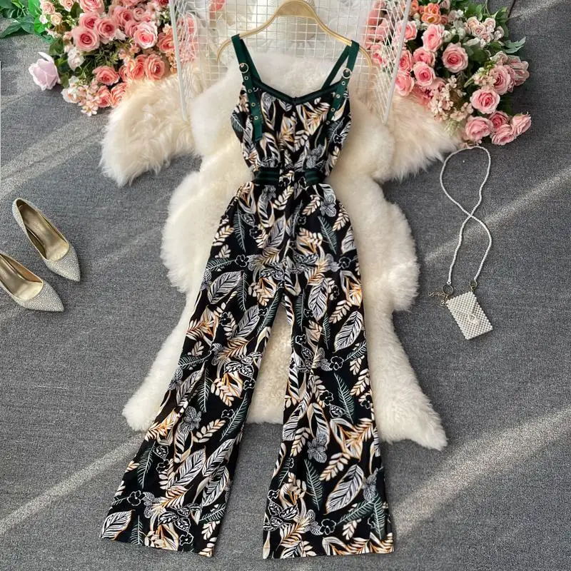 

New Women Fashion Printed Sleeveless Jumpsuit Wide Leg Pants Elastic Waist Backless Female Casual Holiday Jumpsuits