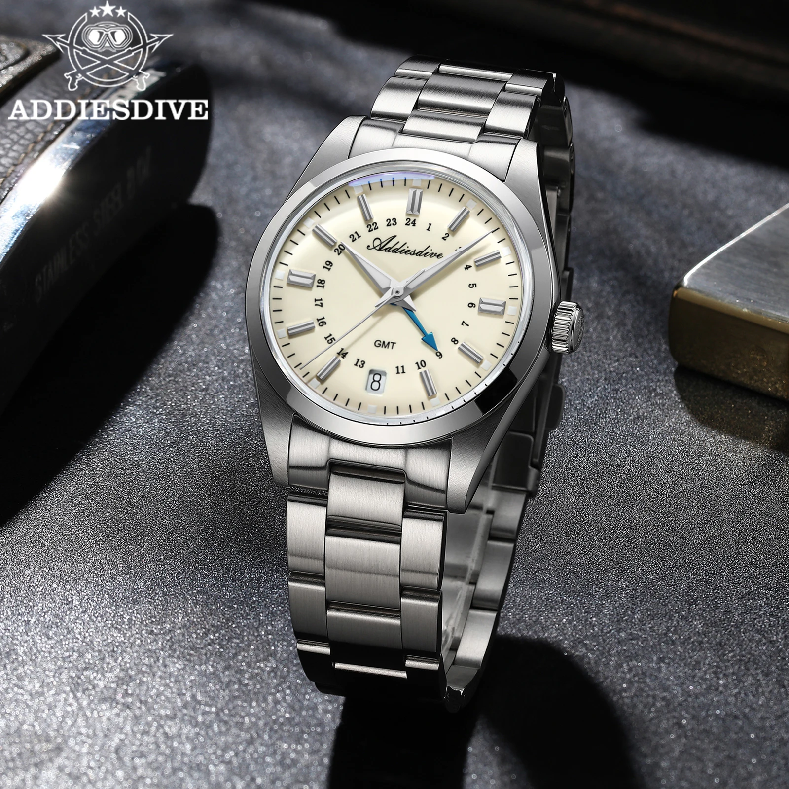 Часы ADDIESDIVE GMT швейцарские часы Ronda 515-24H кварцевые 36 мм AR-покрытие дата светящаяся