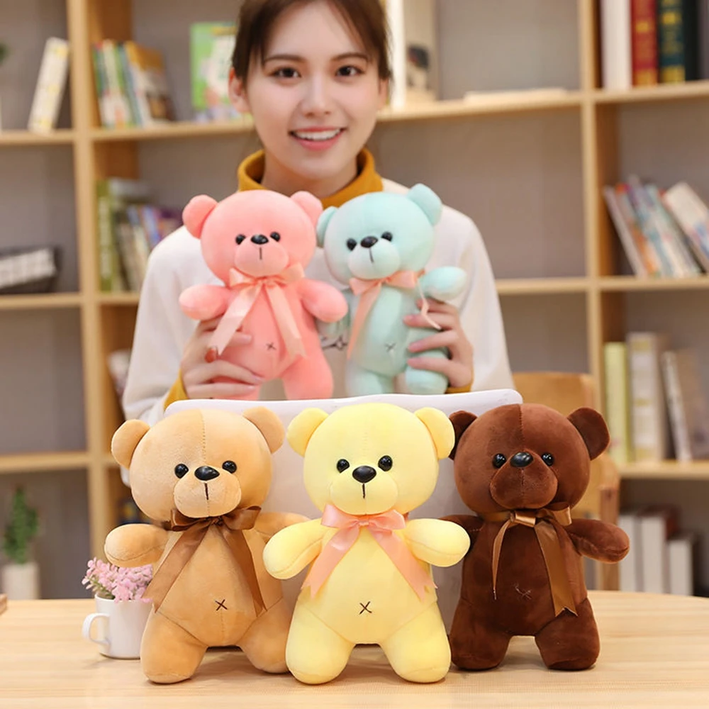

23CM Cute Big Head Super Cute Teddy Bear Plush Toy Solid Color Full Hug Bear Bow Ribbon Sleeping Doll Festival Gift Birthday