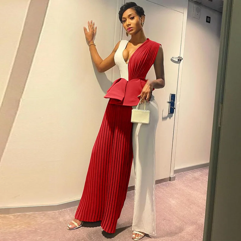 

WUHE Patchwork Pleated Sleevel V-neck Wide Leg Staight Women Jumpsuit for 2022 Summer Party Club Overalls Sleeveless Playsuit
