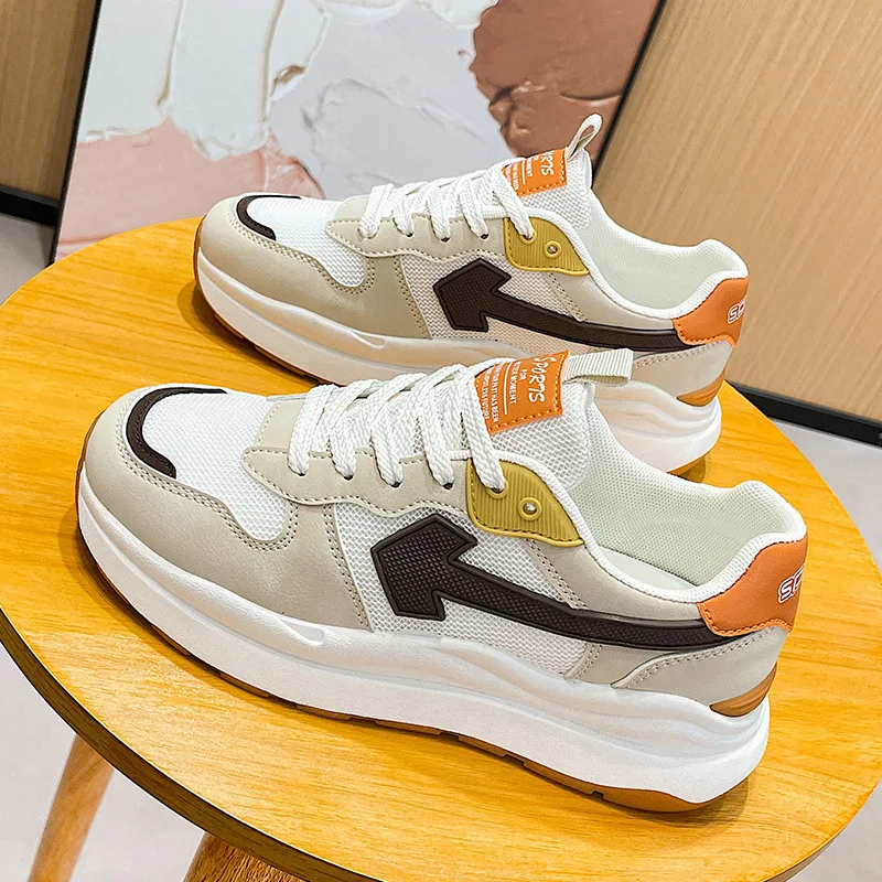 2023 New Chunky Sneakers Women Mesh Leather Platform Shoes Mixed Colors Lace-Up Lady Trendy Trainers Thick Sole