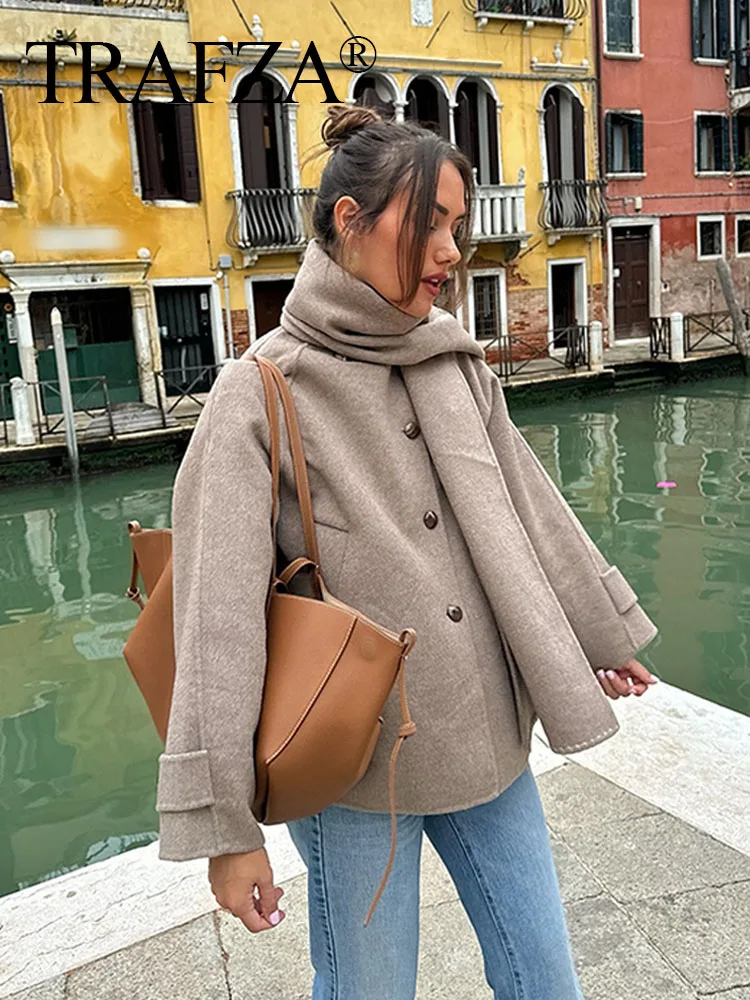 TRAFZA зимние куртки женские модные цвета хаки шарф воротник с длинными рукавами и