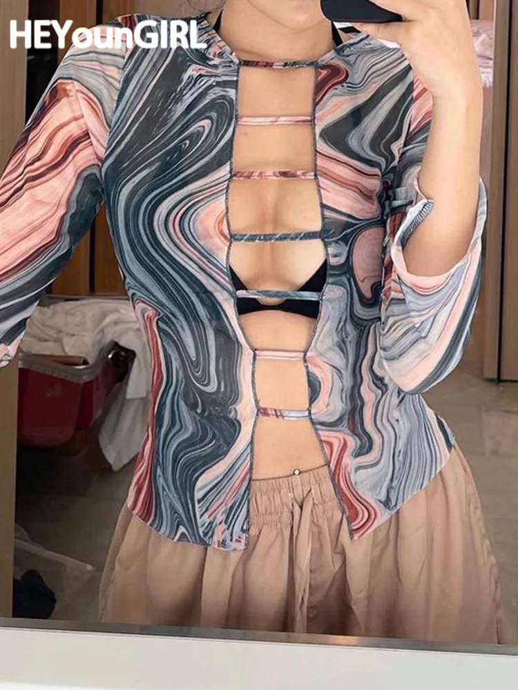 

Сексуальный женский укороченный топ HEYounGIRL Y2K с принтом пейсли, сетчатая ажурная футболка с длинным рукавом, модная прозрачная футболка для ...