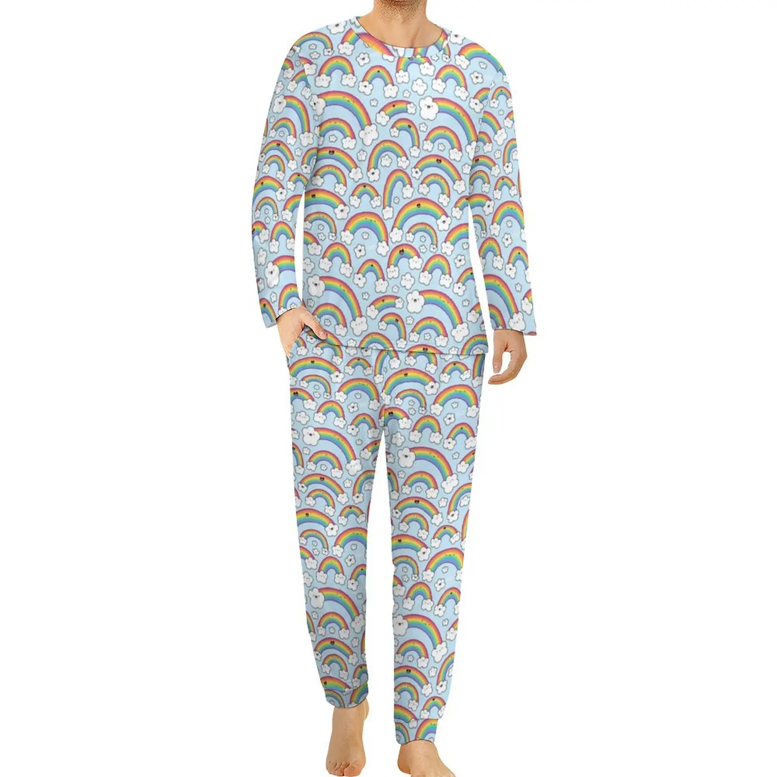 

Радужная Пижама для мужчин, облака, любовь, сердце, кавайная одежда для сна, Повседневная Пижама с длинным рукавом, два предмета для сна, индивидуальный пижамный комплект 3XL, 4XL, 5XL