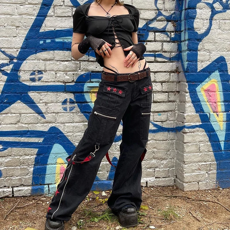 Streetwear Gothic Y2K Baggy Jeans Low Waisted Aesthetic Punk Trousers Harajuku Vintage Fashion Loose Denim Pants Aoottii