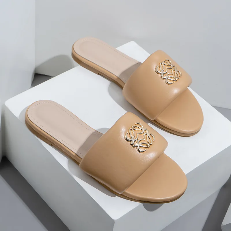 Fashion Designer Shoes Metal Buckle Mules Slippers Beach Flat Sandals Women