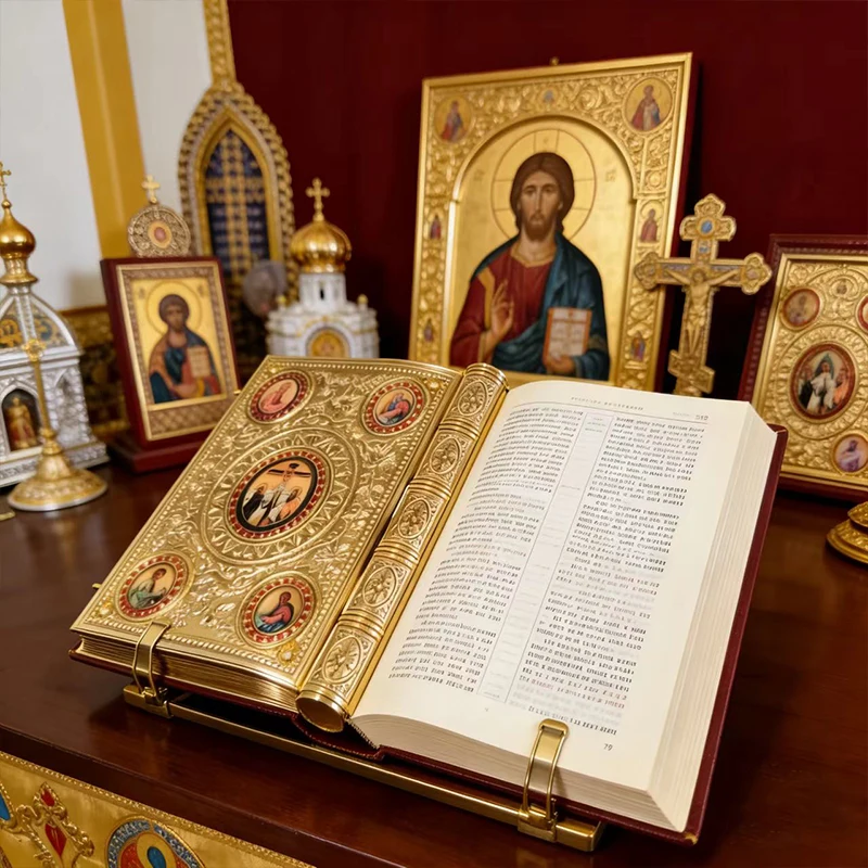 Фото Винтажная позолоченная православная книга Священного Писания с эмалевыми иконами святых для церковной литургии, домашнего алтаря, молитв, подарок для христианской веры №1