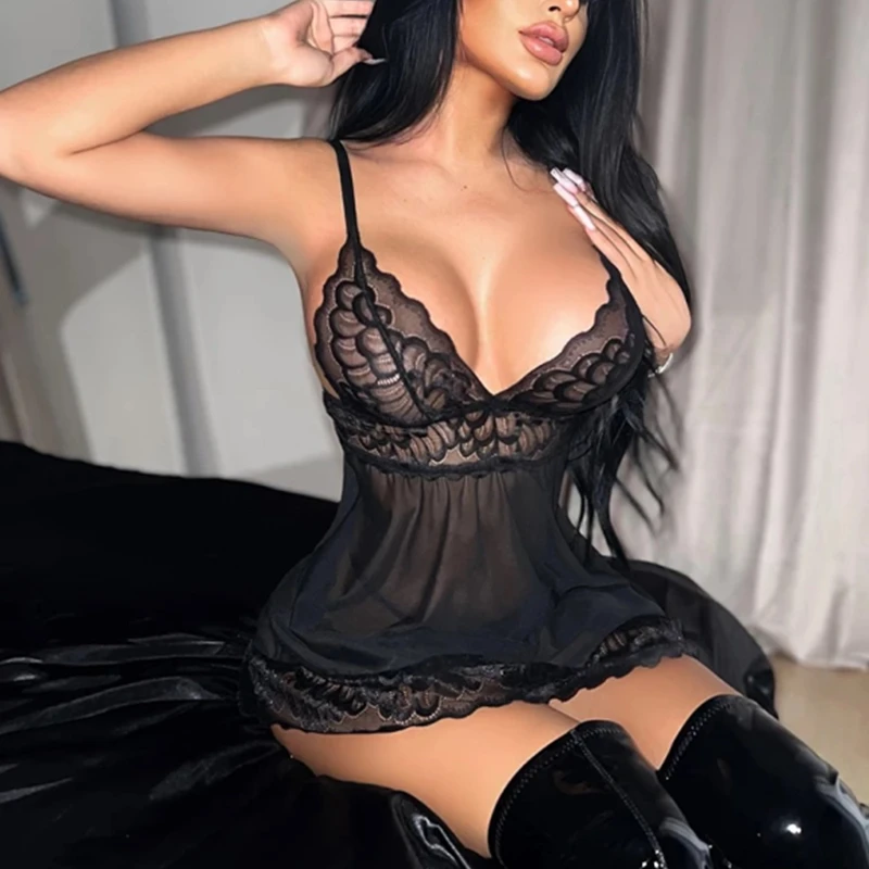 Ohyeahlady Floral Lace Babydoll Nightdress Transparent Short Sleepwear Sexy Nightgown For Women Lingerie Plus Size Underwear Set