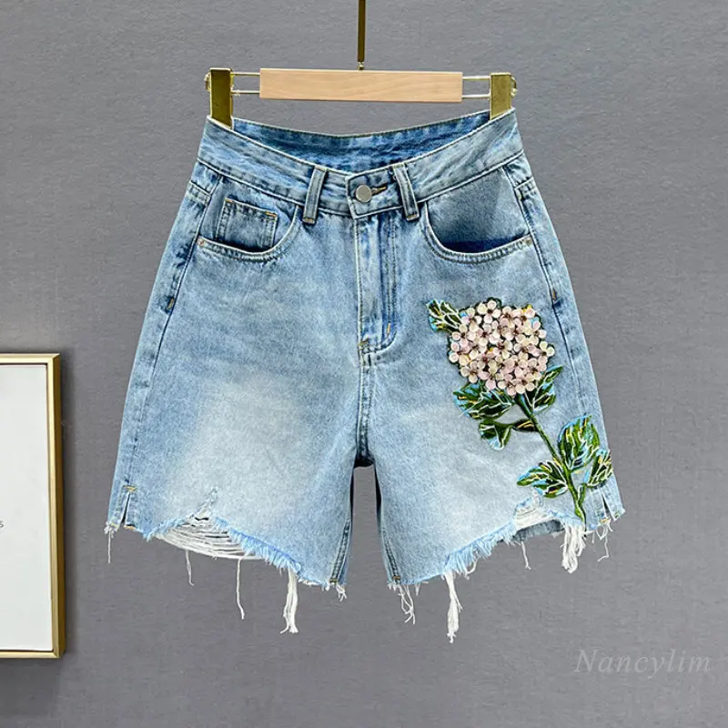 

Embroidered Flower Denim Shorts for Women 2023 New Summer High Waist Slimming Ins All-Match Diamond-Embedded Ripped Breeches