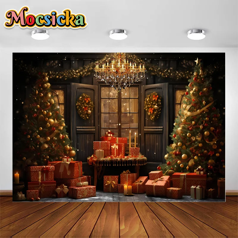 

Mocsicka Photography Background Winter Christmas Window Gifts Glitter Xmas Tree Kids Family Portrait Decor Backdrop Photo Studio