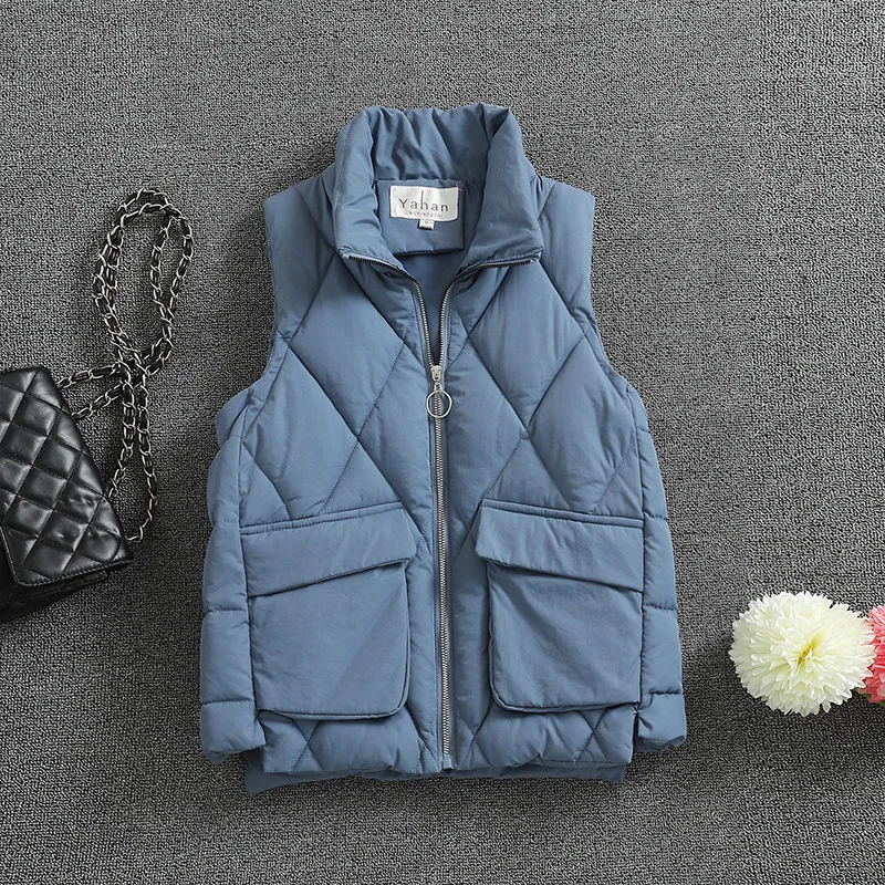 

Женская свободная повседневная куртка без рукавов, однотонная, с карманным пухом, хлопковый жилет, Короткая секция, универсальная, Новинка осени и зимы