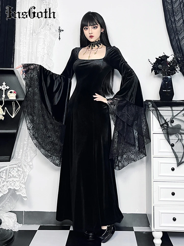 

InsGoth Halloween Gothic Vintage Dress Women Velvet Square Neck Patchwork Spider Web Flare Sleeves Cosplay Long Party Dress