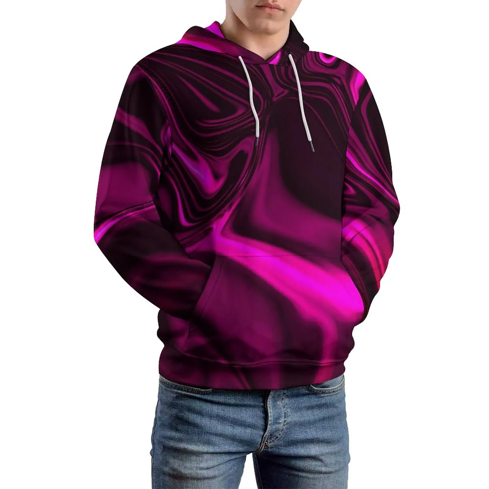

Abstract Curve Loose Hoodies Pink Traces Print Modern Pullover Hoodie Long Sleeve Oversized Casual Custom Hooded Sweatshirts