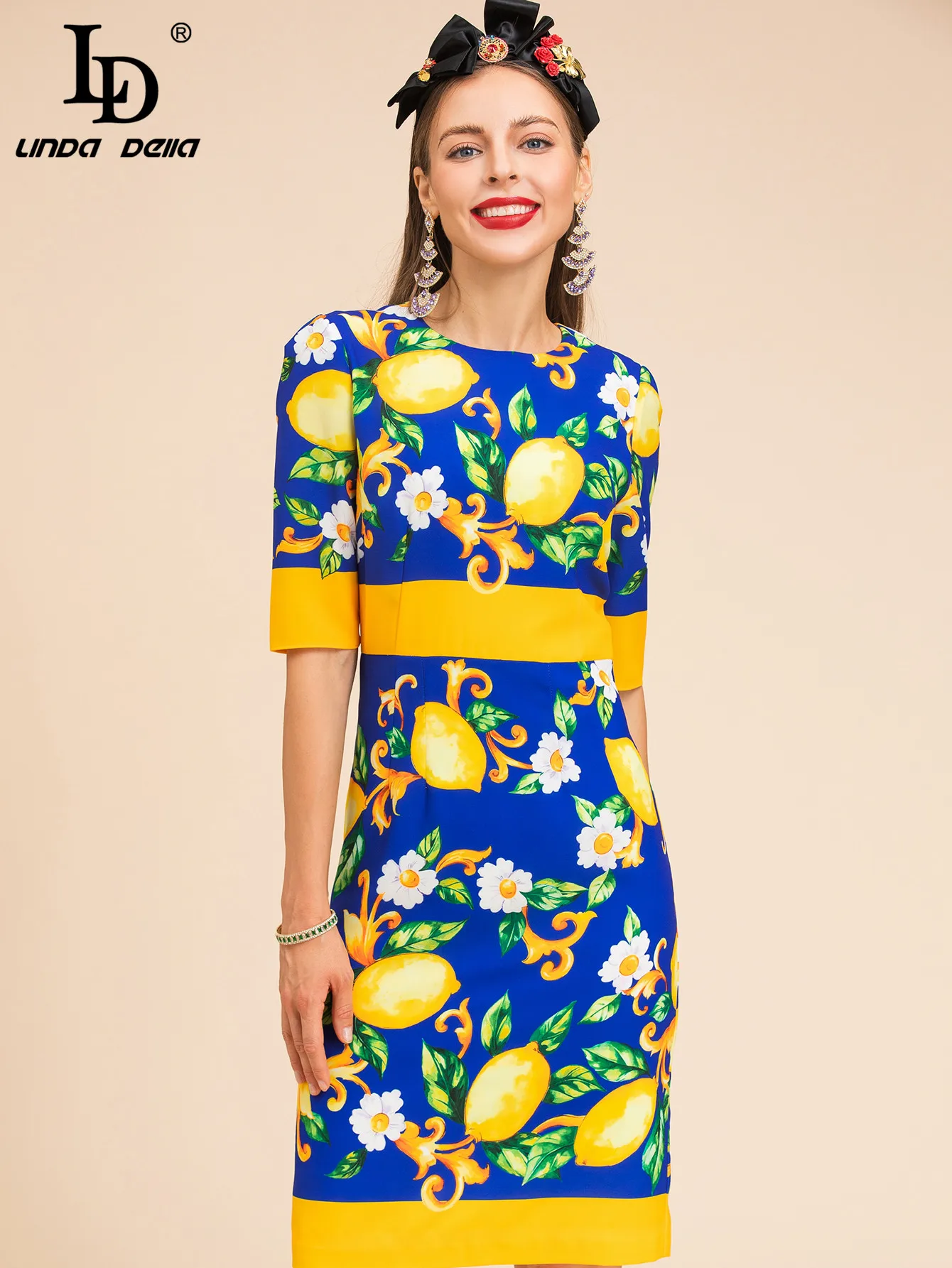 LD LINDA DELLA Fashion Designer Summer Dress Women's Slim Short Sleeve Lemon Flower Print Blue Elegant Holiday Party Knee Dress