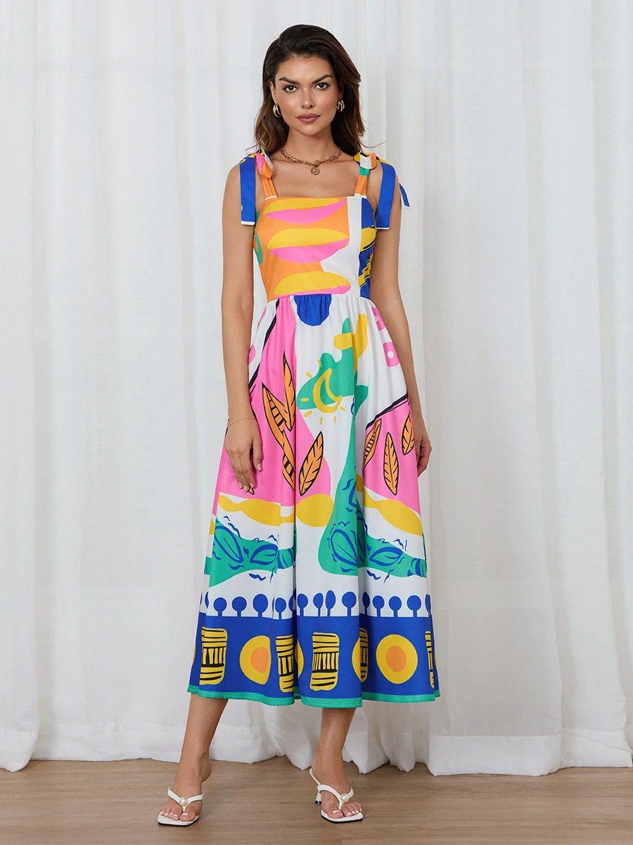 Женское летнее платье в богемном стиле без рукавов с завязками на плечах и