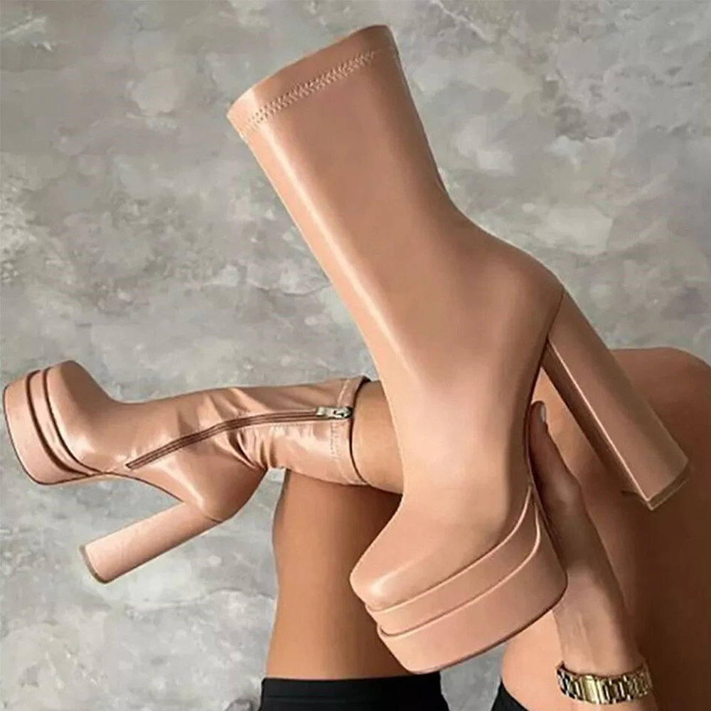 2022 Winter Black High Heel Boots for Women Solid Zipper Boots Fashion Square Toe Platform Thick Heels Sexy Short Ankle Boots