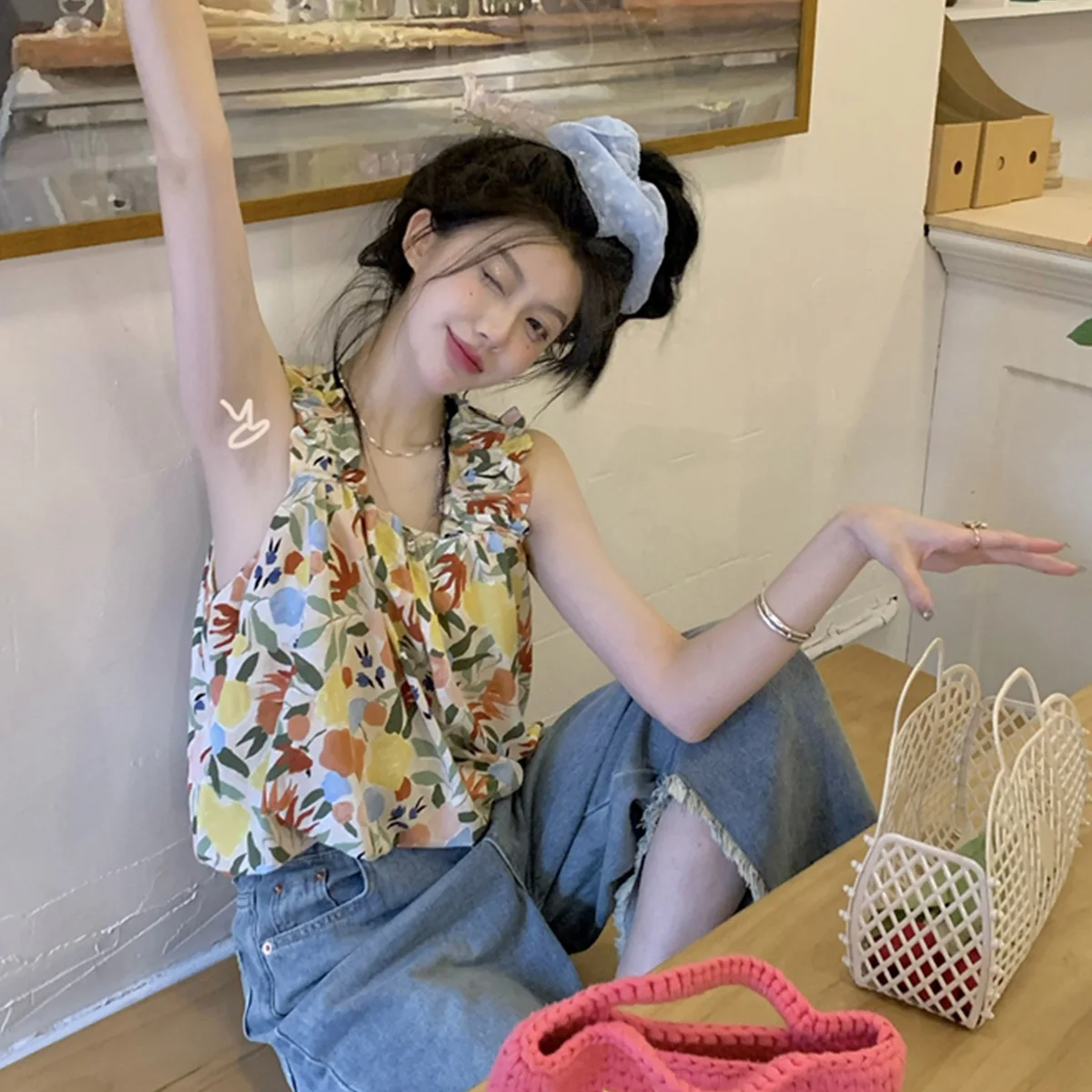 Paixiang/French Sweet and Spicy Floral Small Sling Vest Women's Summer 2025 New Arrival Slim Fit Slimming Top