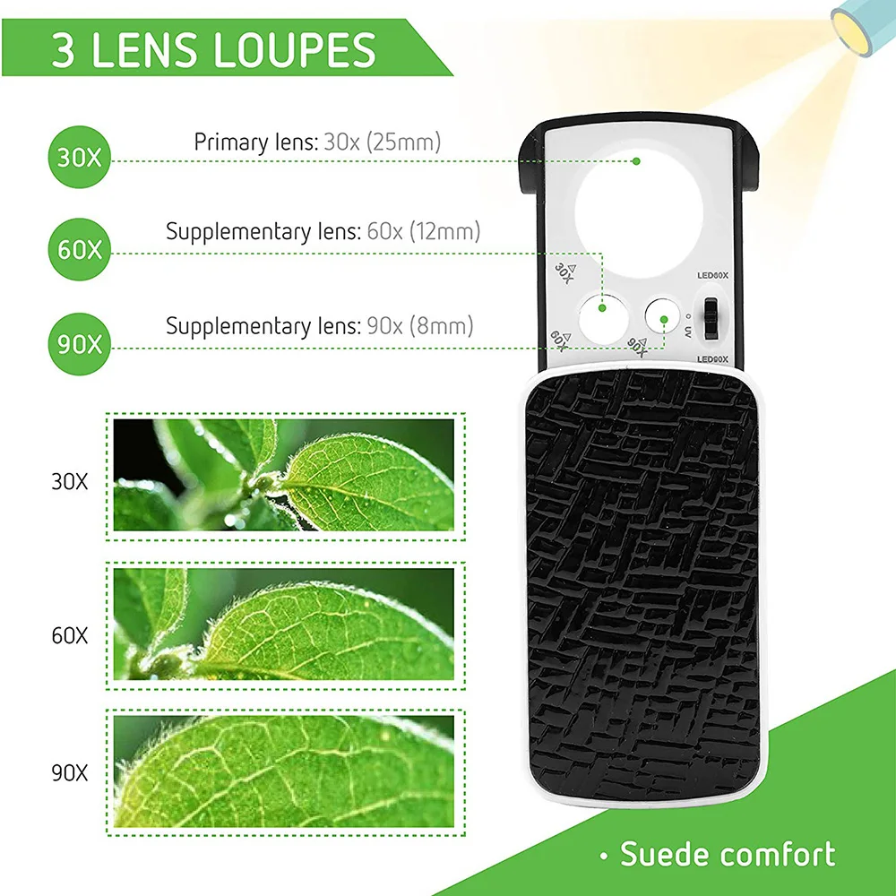 

1Pc Slide-Out Magnifier 30X60X 90X Jewelers Magnifier Hiking Portable Plants Observation Magnifier With LED Light