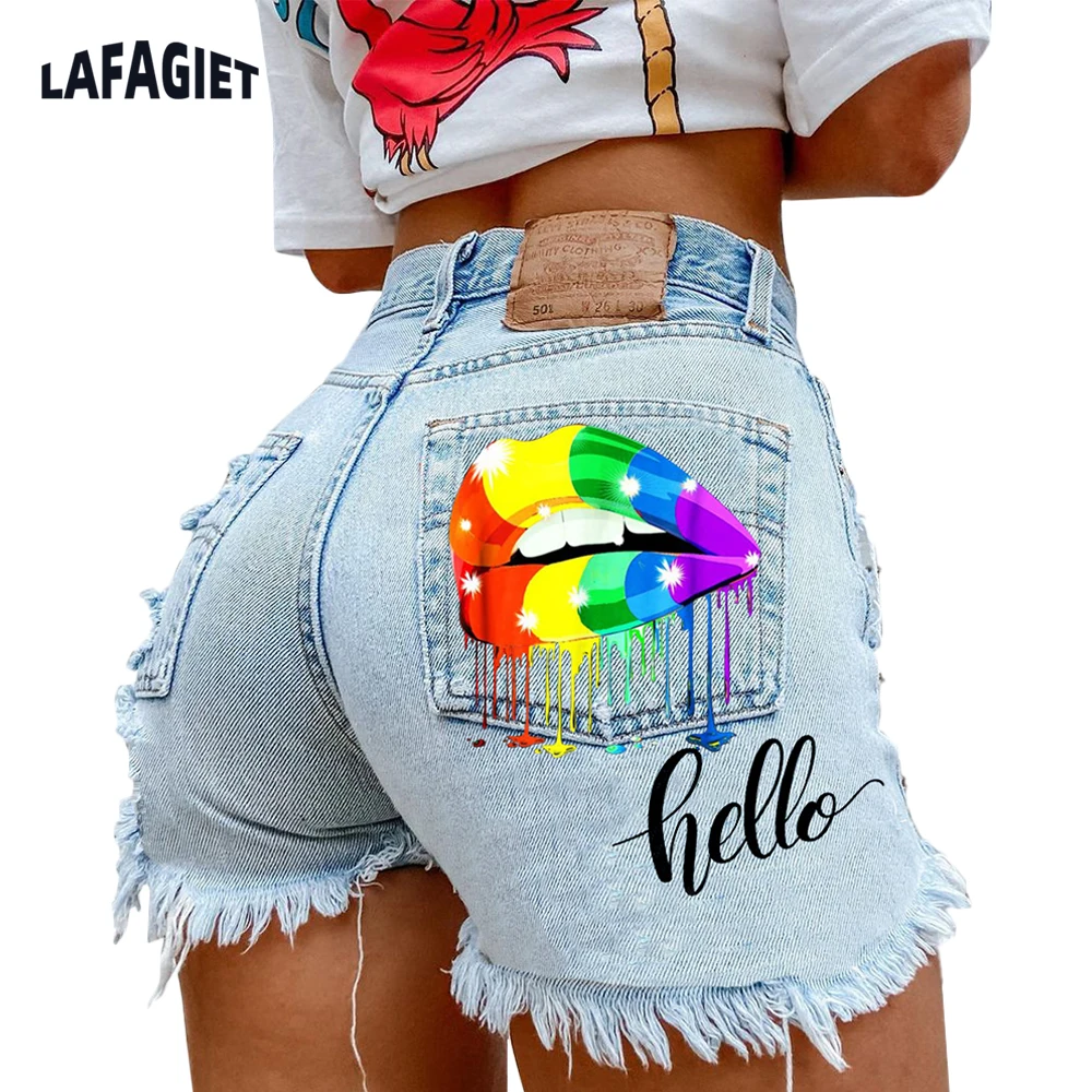

Women Dneim Shorts Lollipop Lip Print INS Street Personality Golden Tooth Girl Biting Fingers Casual Hole Denim Shorts Hot Pants