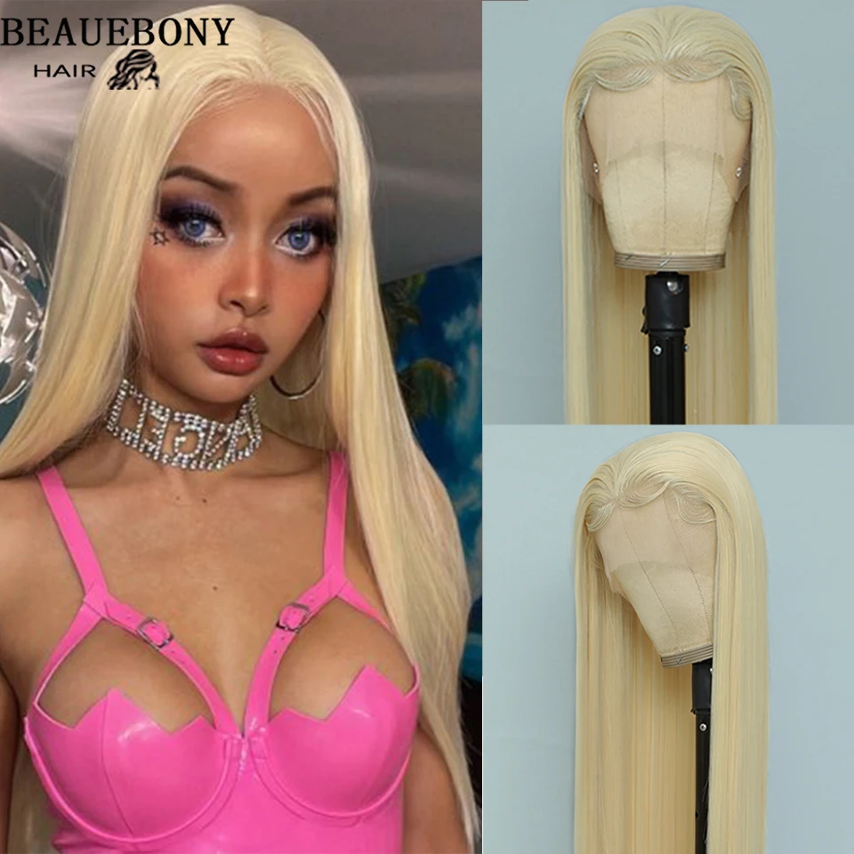

Synthetic Lace Wig Pre Plucked With Baby Hair 613 Blonde Straight Wigs For Women Straight 180% Density Cheap Hair 13x1 Lace Wig
