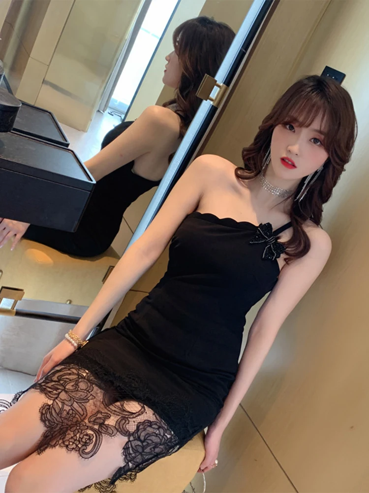 

Suspend sexy tight mini dresses Hot Spring 2022 Fashion Temperament Slim One Shoulder Black Grace Dress Woman clothes