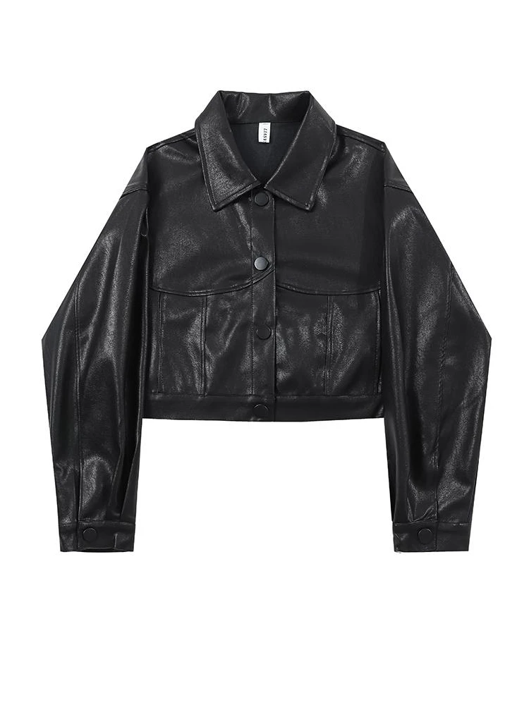 

GUUZYUVIZ Fake Leather Black Motorcycle Vintage Coat Loose Lapel Short PU Jacket