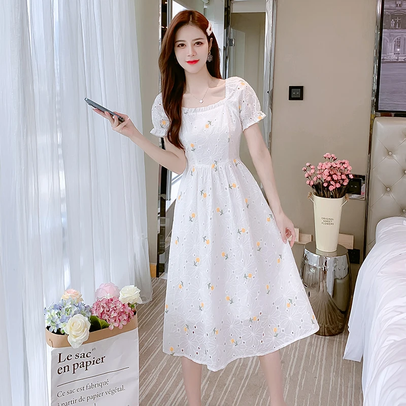 

COIGARSAM Long Dress Women Summer 2022 New French Style Floral Print Square Collar High Waist White Dresses Dropshipping