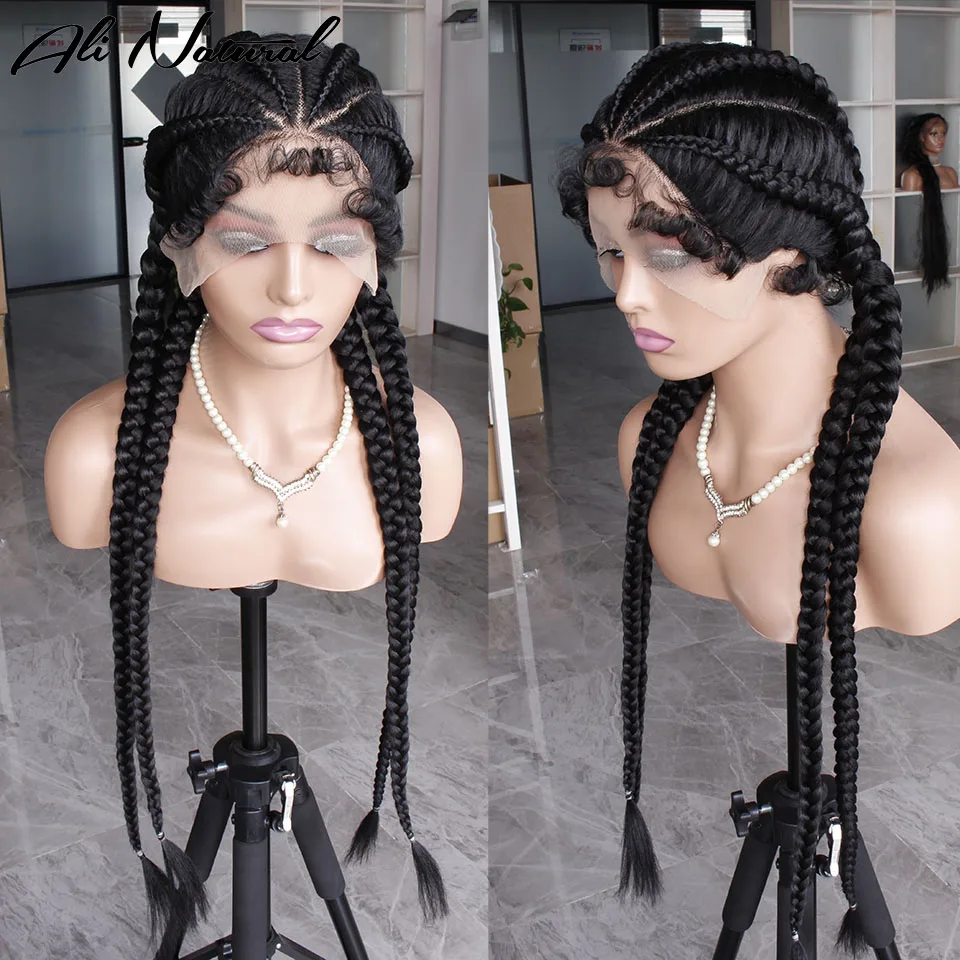 Synthetic Braided Lace Front Wigs With Baby Hair Double Dutch Box Braided Triangle 360 Lace Frontal Long Braids Wig For Women