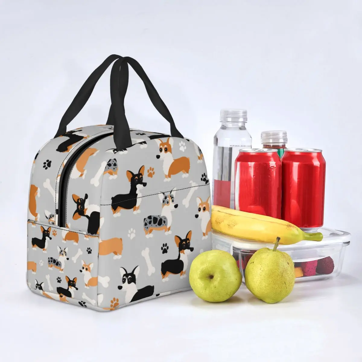 Cute Corgi Pattern Gray Lunch Bags Portable Insulated Oxford Cooler Bags Dog Thermal Cold Food Picnic Tote for Women Girl