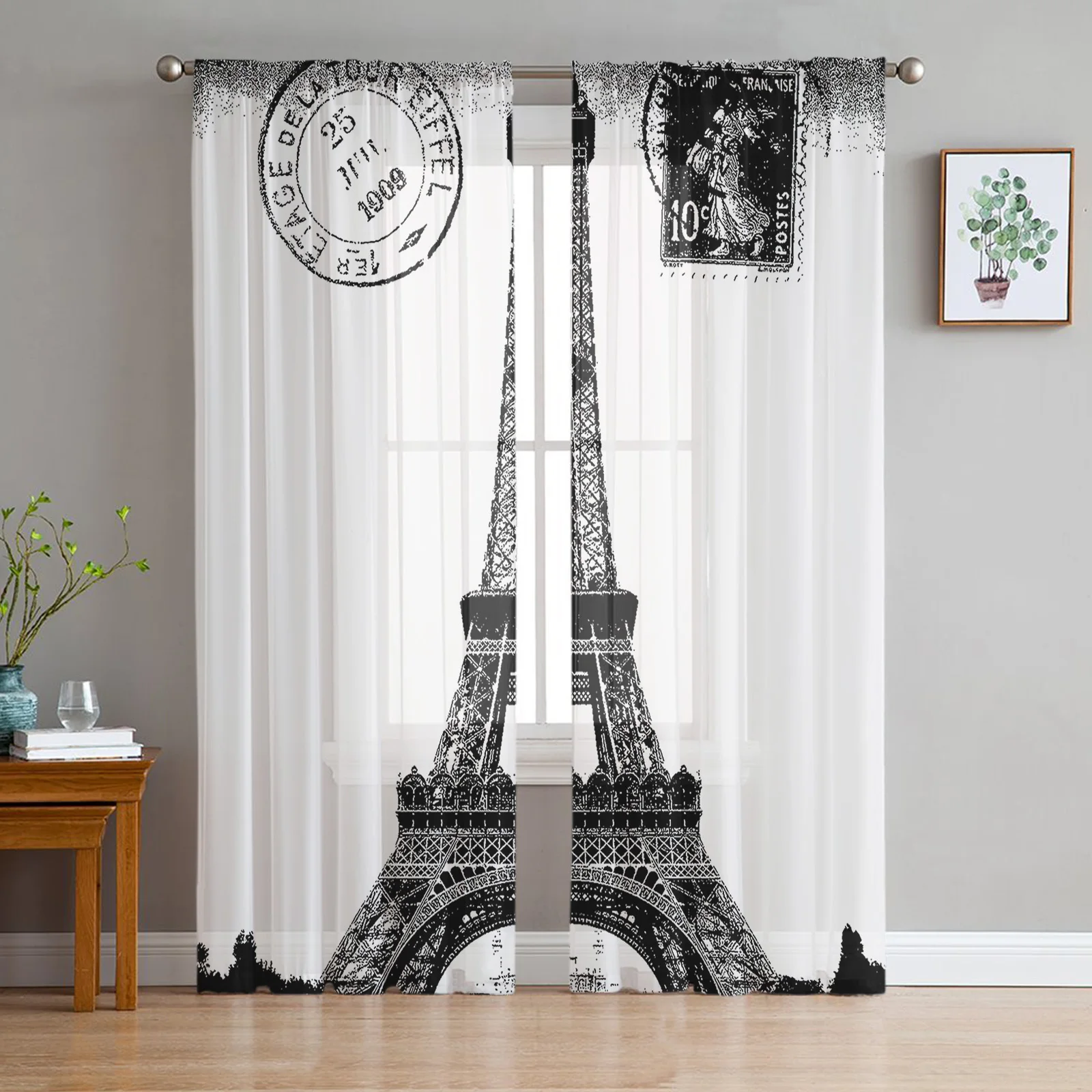 

Eiffel Tower Vintage Stamp Black White Tulle in Sheer Curtains for Living Room Bedroom Kitchen Window Treatment Chiffon Curtain