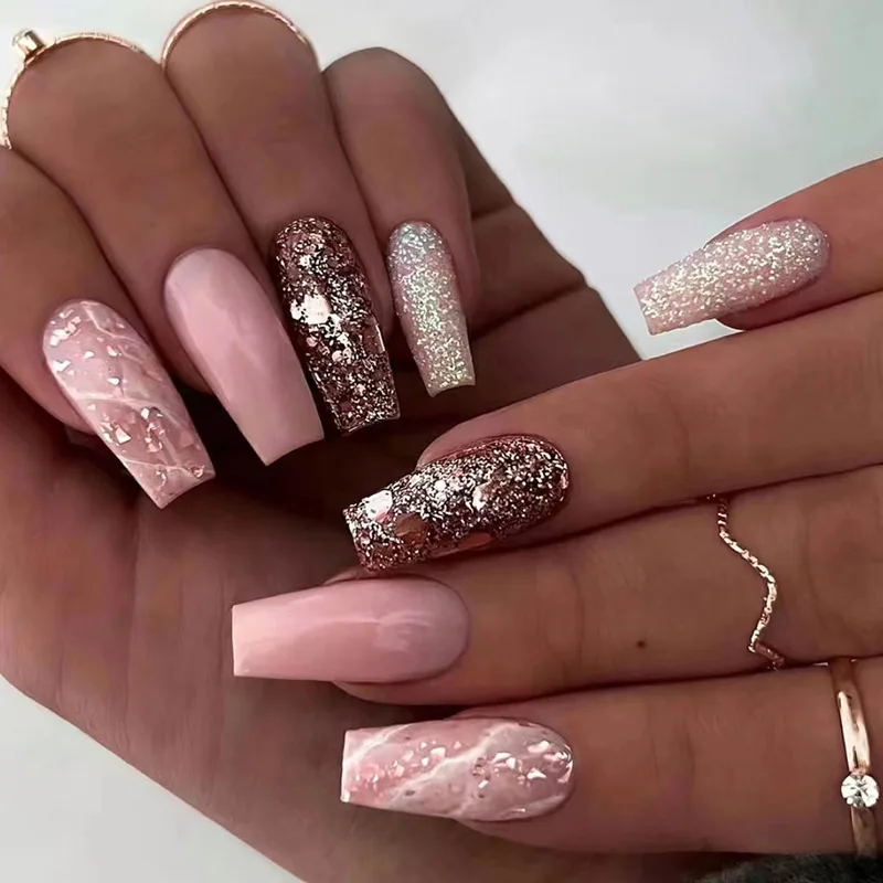 

24Pcs Long Glitter False Nails Wearable Ballet Fake Fingernails with Marbling Designs Press on Nails Coffin Full Cover Nail Tips