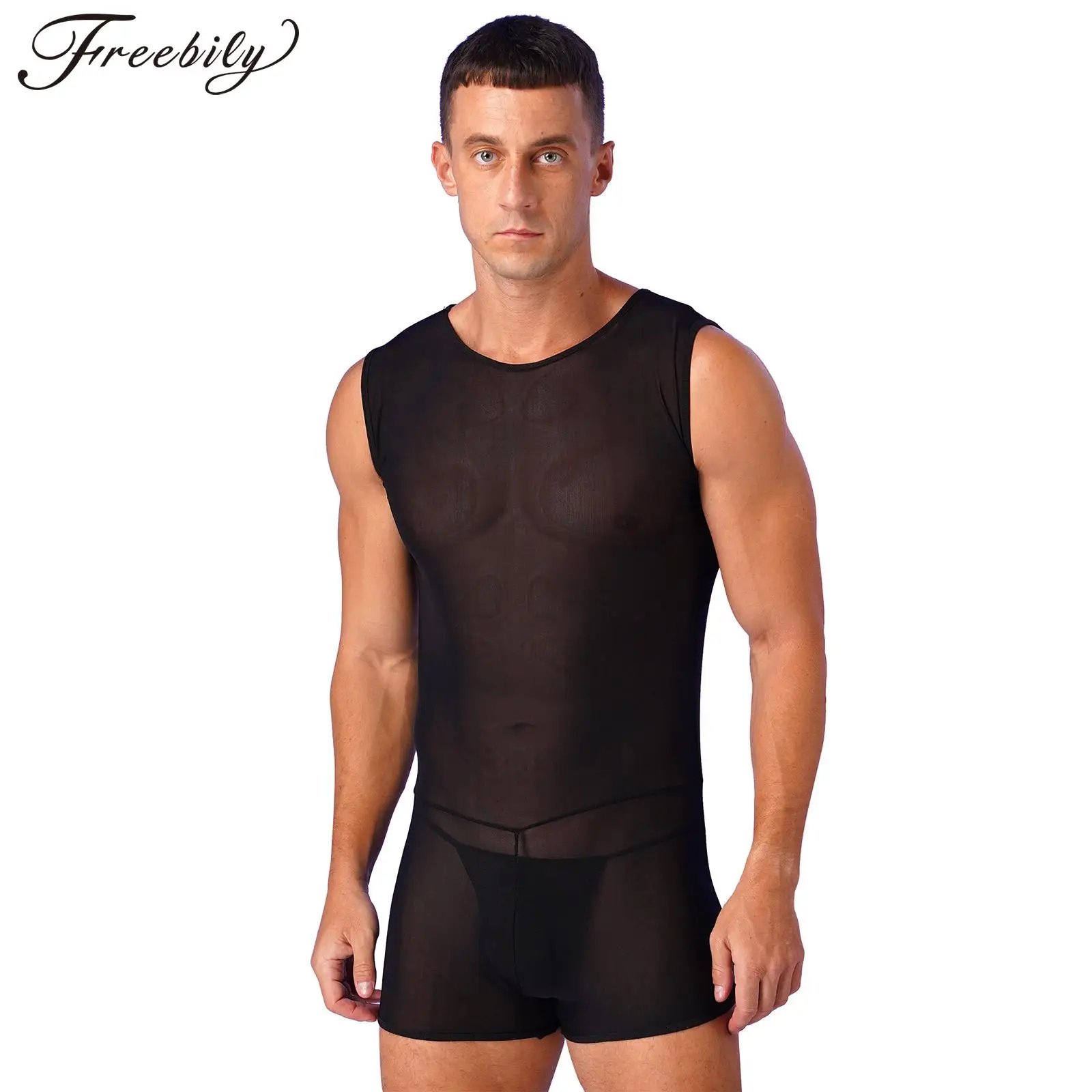 

Соблазнительное мужское цельное боди, прозрачное Сетчатое нижнее белье, трико без рукавов, комбинезон, майка, боди для борьбы