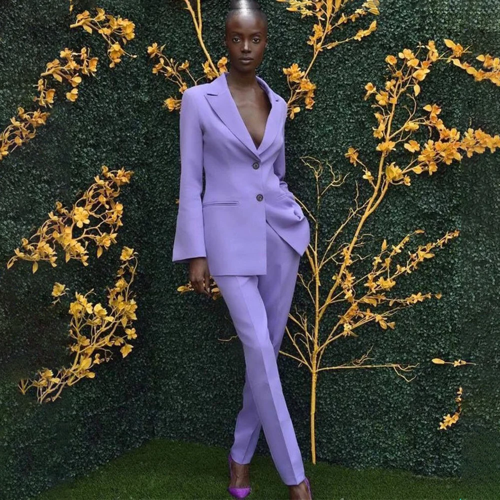 Spring Purple Elegant Women Suits Peaked Lapel Fit Slim Blazer 2 Pieces Set (Jacket+Trousers) Fashion Office Ladies Pencil Pants