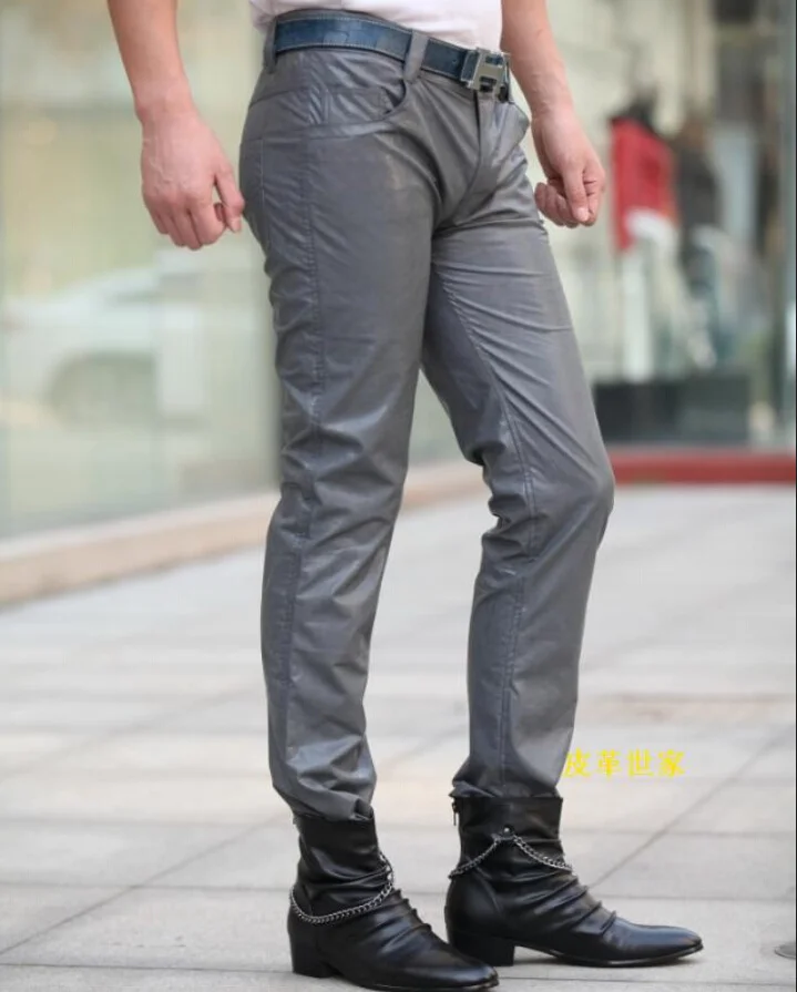 

Men New Fashion Korean smoke gray Slim Male trousers Nightclub performances large size motorcycle leather pants