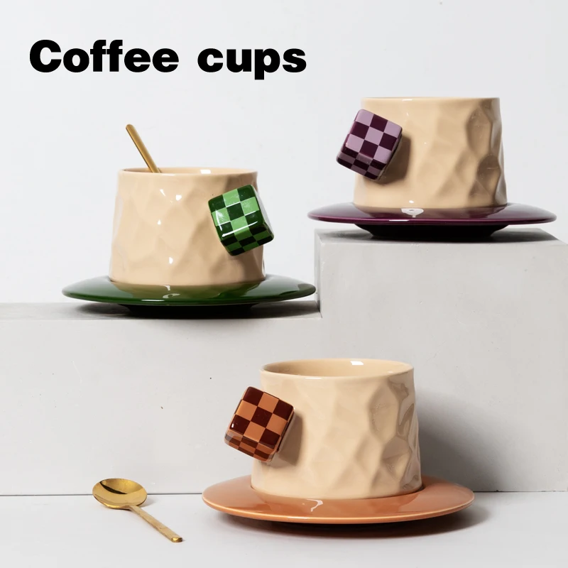 

Creative Rubik Cube Morandi Coffee Mug Korean Ceramic Coffee Cup and Saucer Set Flower Tea Afternoon Tea Xicara Birthday Gift