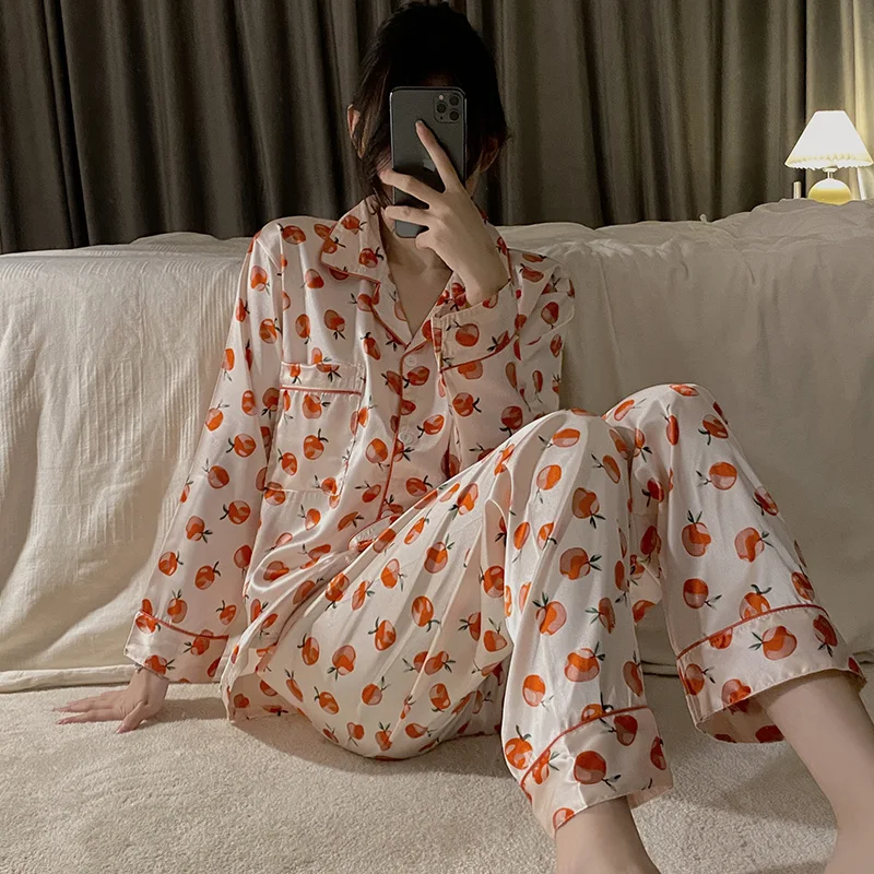 

Women Satin Sleepwear Set Long Sleeve Soft Women Pajamas Suit Button-Down Simple Homewear Trousers Women's Set Pyjamas Mujer