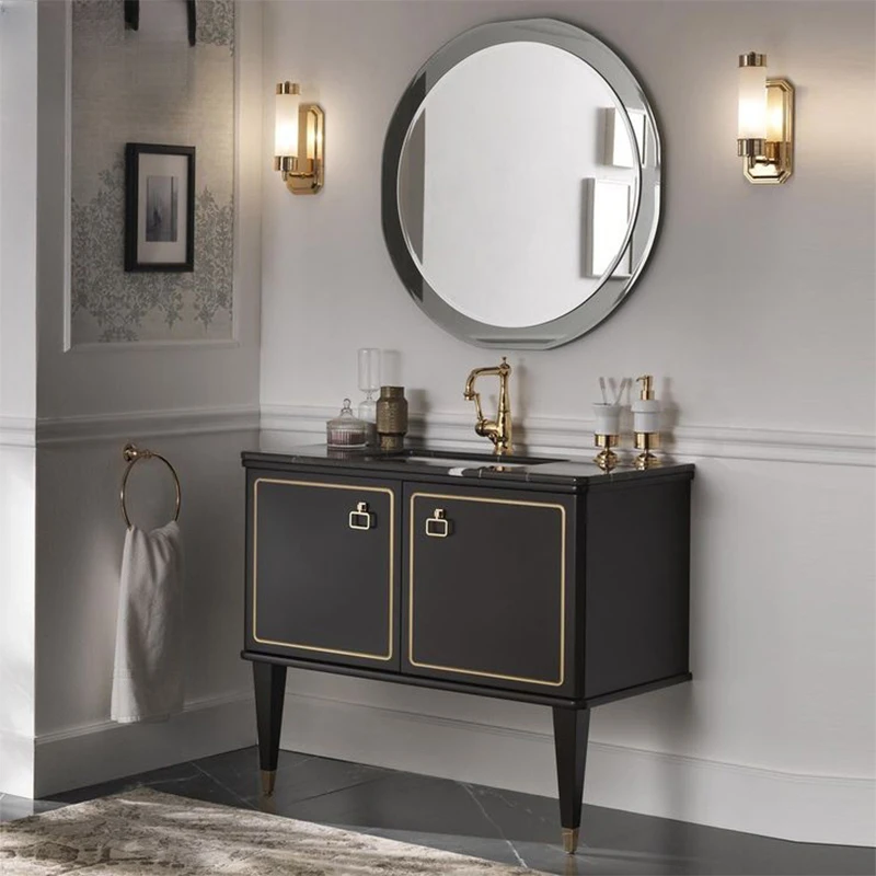 

Black Luxury Artificial Stone Bathroom Cabinet Customized Simple Wash Table Bathroom Solid Wood Hand Wash Face Basin Combination