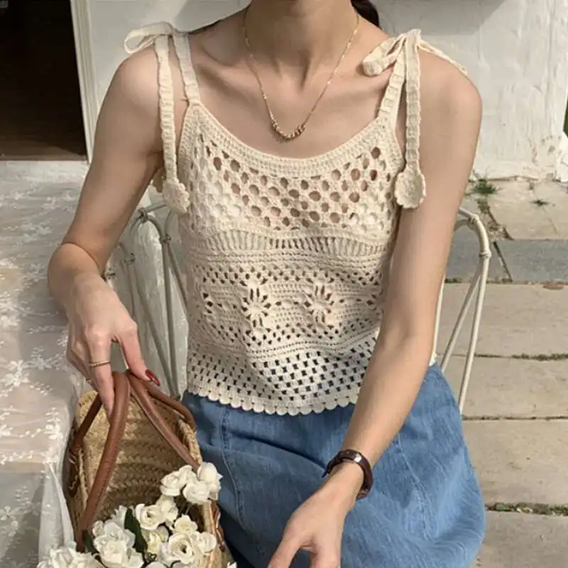Летний трикотажный SleeveleSS EmbroidErEd крюк корейская мода жилет с короткими рукавами |