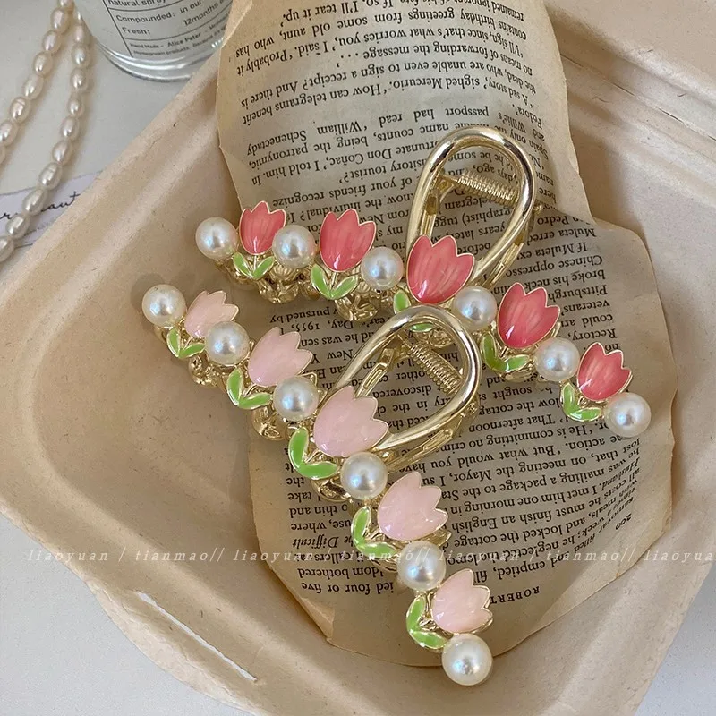 

2023 Tulip Grip Flower Alloy Headwear Girl Pearl Grip Fashion Female Headwear Simplicity hair accessories hair clips for women
