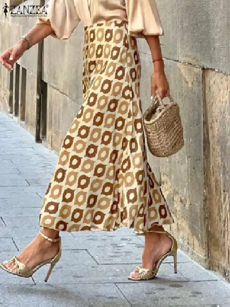 

Юбка ZANZEA А-силуэта для отпуска, повседневная юбка макси с боковой молнией, принтом и высокой талией, Женская мода 2023, элегантная длинная юбка