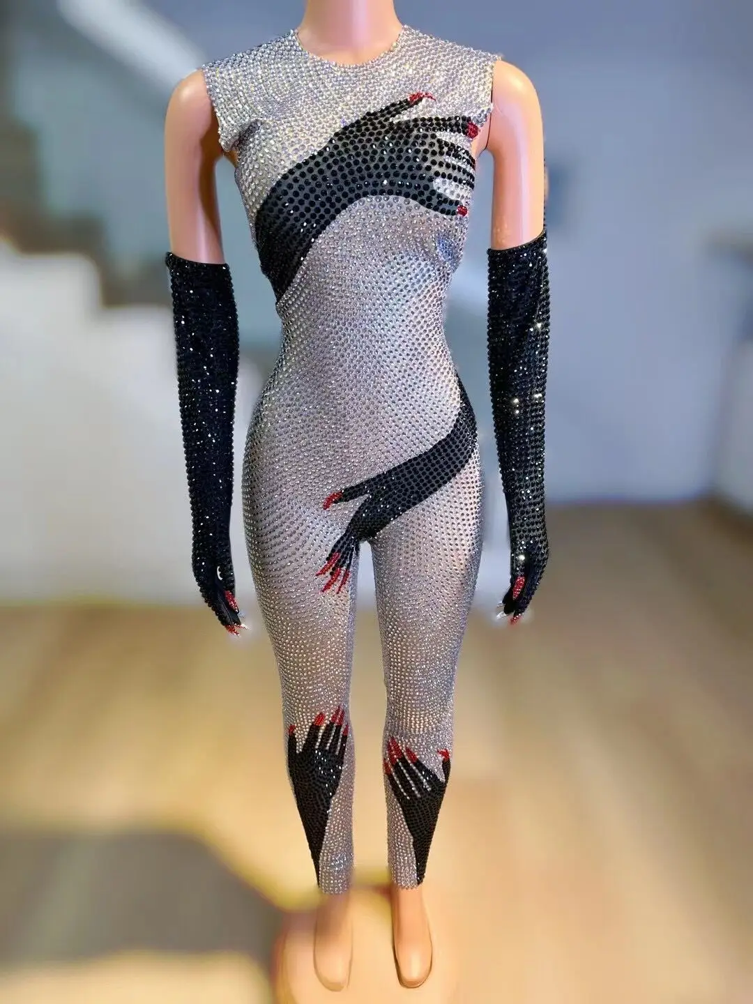 

Блестящий серебристый черный женский костюм для танцев и представлений, костюм для празднования дня рождения, сексуальный наряд с рисунком рук