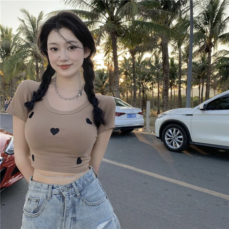 

Love Heart Print Short-sleeved T-shirt Female Crop Tops Y2K Summer Grunge Style O-neck Vintage Short T-shirt 티셔츠