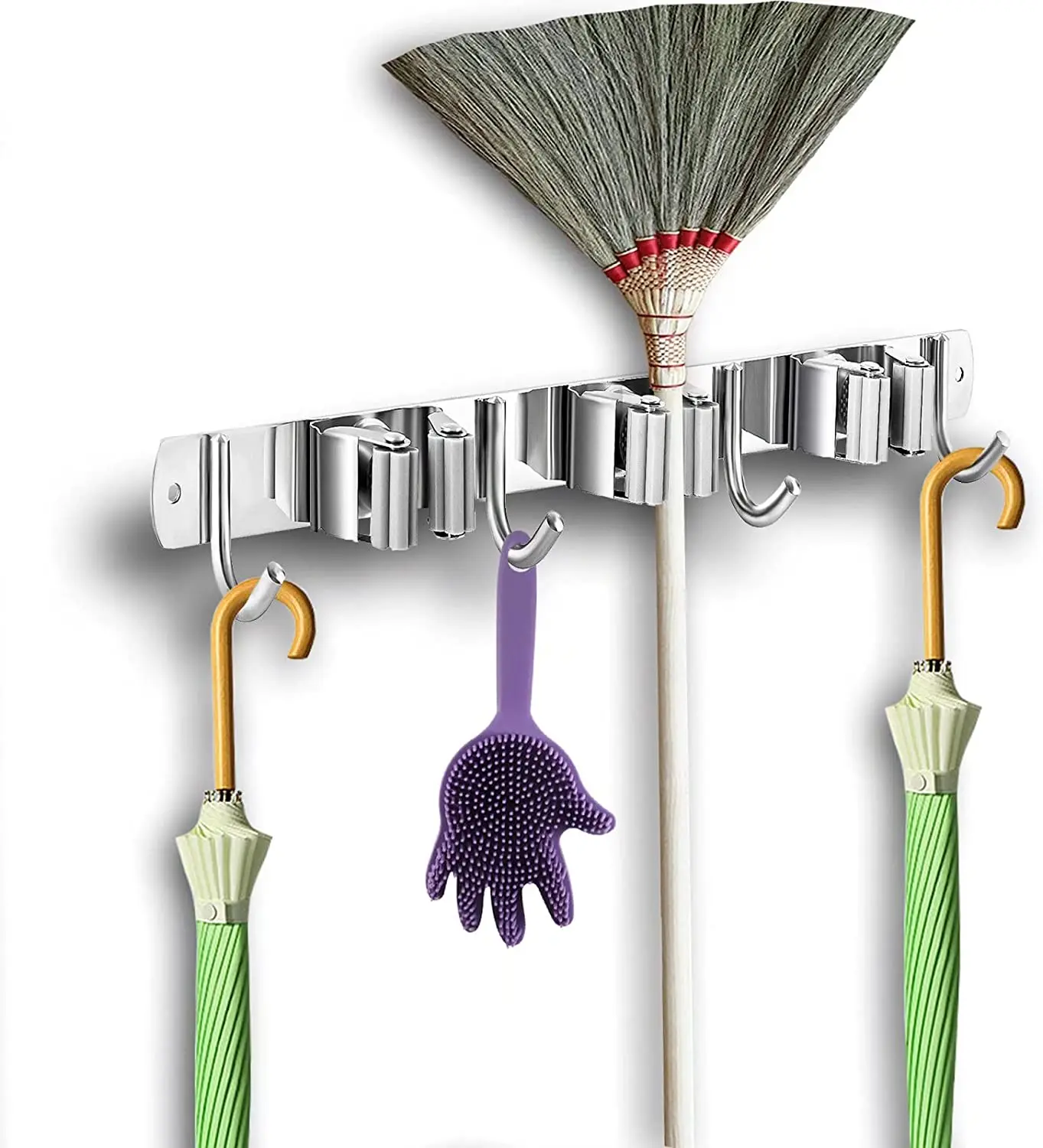 

Broom and Mop Holder Wall Mounted Organizer Wall Mount, Stainless Steel Broom Hook, Heavy Duty Broom Rack for Laundry Room 38CM